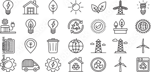  Energy Efficiency Outline Icons – Editable Stroke, Linear Vector Set