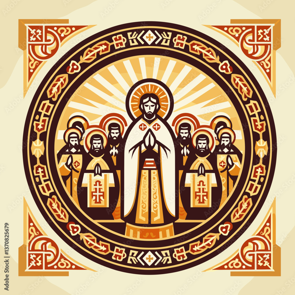 Fototapeta premium Jesus surrounded by saints in a traditional religious style 