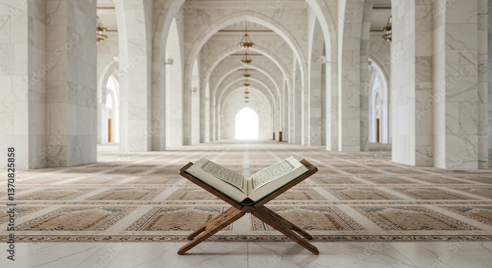 Fototapeta premium Serene Mosque Interior: Capture the light, airy beauty of a mosque's interior, featuring an open Quran on a wooden stand, emphasizing the essence of faith and the architectural grandeur. 