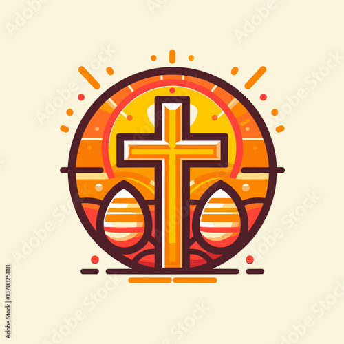 Cross and Easter Eggs Illustration in Vibrant Colors  