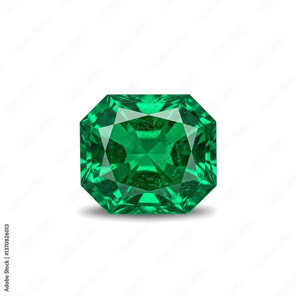 Asscher-Cut Green Emerald Gemstone on White Background, Single Jewel, Precious Stone, Jewelry, Faceted Mineral Asscher-Cut Green Emerald Gemstone on White Background, Single Jewel, Precious Stone, Jewelry, Faceted Mineral