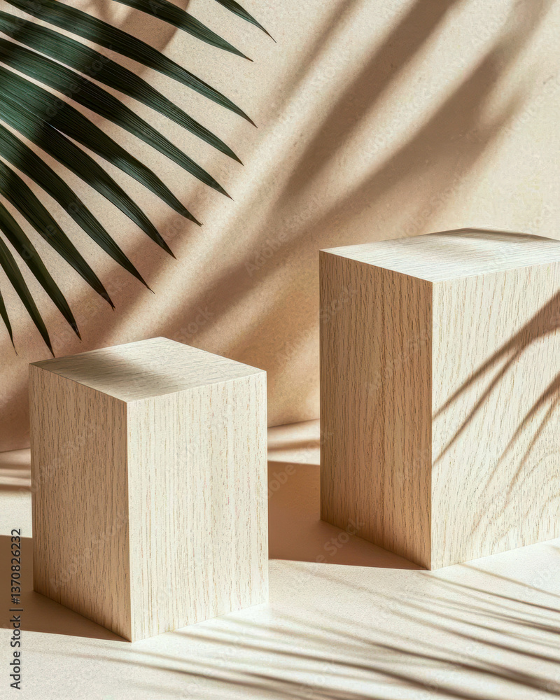 Elegant wooden tables casting shadows in a serene interior setting during daylight Elegant wooden tables casting shadows in a serene interior setting during daylight