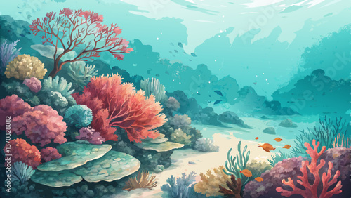 Coral Reef Seamless Watercolor Background in Vibrant Coral & Teal - Tropical Underwater Makeup Backdrop with Copy Space
