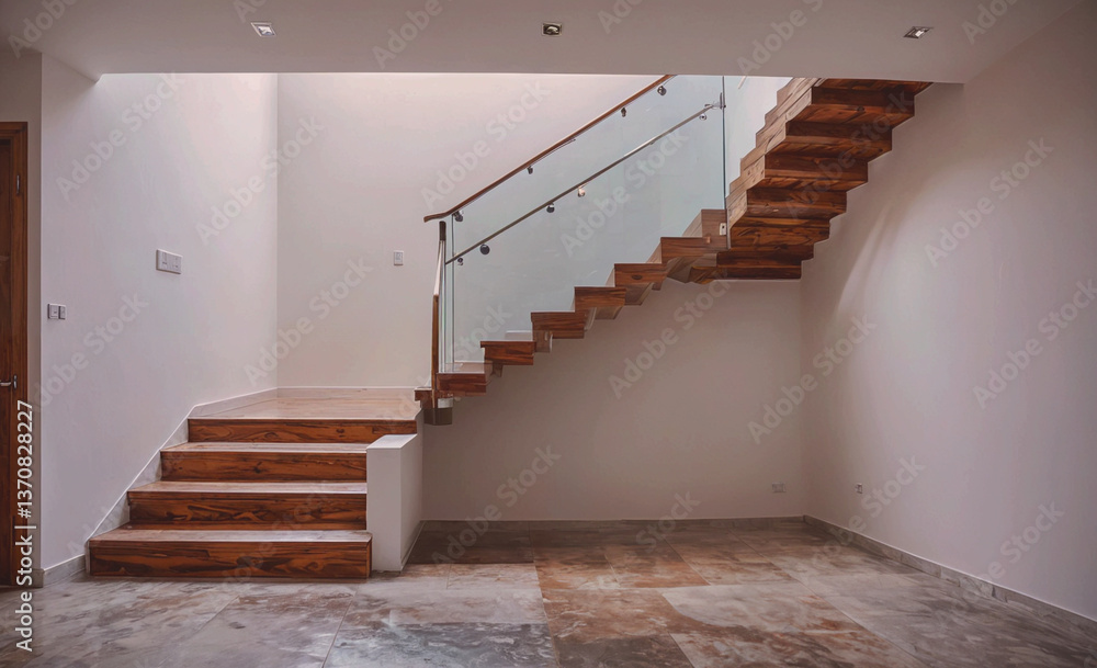 Staircase with a glass railing and a wooden handrail. The staircase is in a room with a white wall Staircase with a glass railing and a wooden handrail. The staircase is in a room with a white wall
