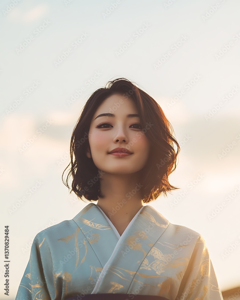 Elegant Japanese woman in pastel blue kimono standing gracefully against misty background