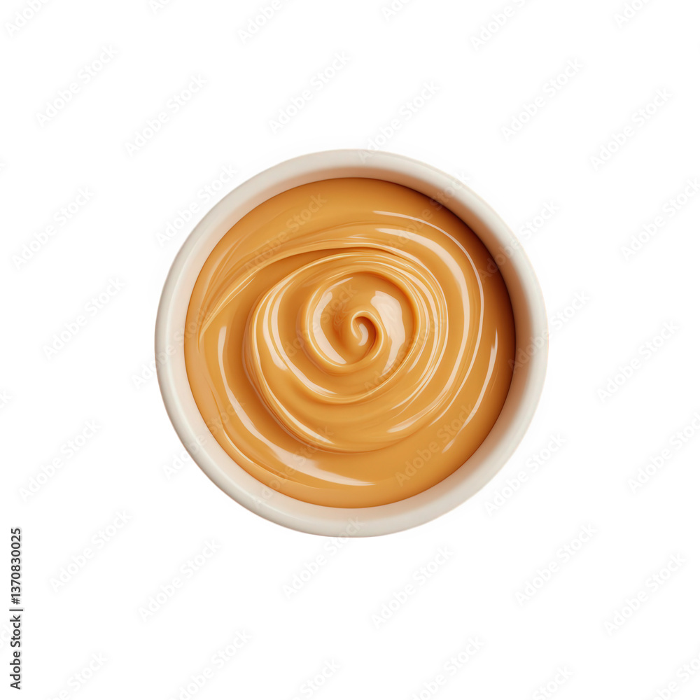 Creamy peanut butter in a small white bowl against a white background, showcasing a smooth swirl texture ideal for spreading or cooking Creamy peanut butter in a small white bowl against a white background, showcasing a smooth swirl texture ideal for spreading or cooking