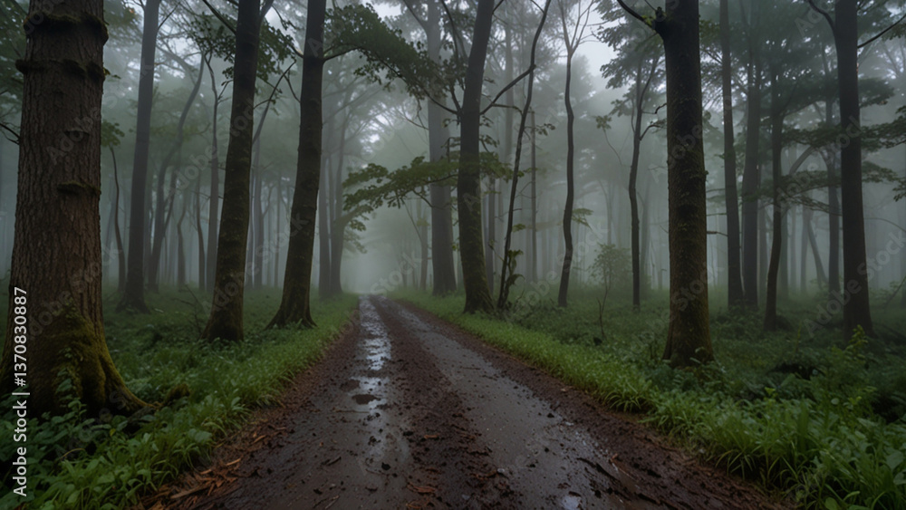 Fototapeta premium Lush, sunlit road lined with tall trees. Tranquil, verdant pathway through a canopy of foliage. Gentle, morning light filters through leaves. Perfect for relaxation and travel