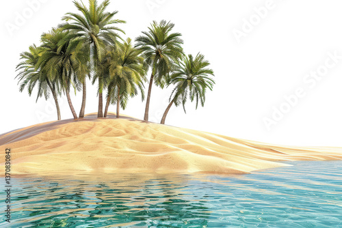 A small desert island with palm trees and golden sand under the sky.