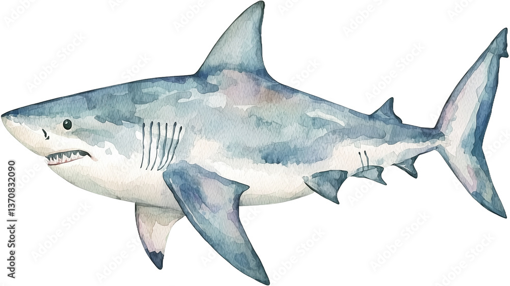 Fototapeta premium Watercolor Illustration of a Great White Shark Swimming