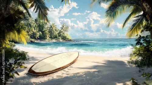 Surfboard Paradise: A sun-drenched coastal paradise unfolds with a lone surfboard resting invitingly on a sandy shore, framed by swaying palm fronds and overlooking the tranquil turquoise ocean.