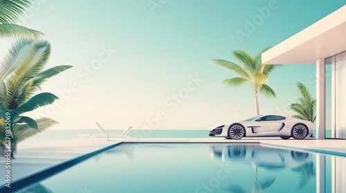 Luxury Villa by the Pool: An ultra-modern villa stands poised beside a serene pool. a sleek, high-performance automobile. bathed in the tropical sun and cool ocean breeze.