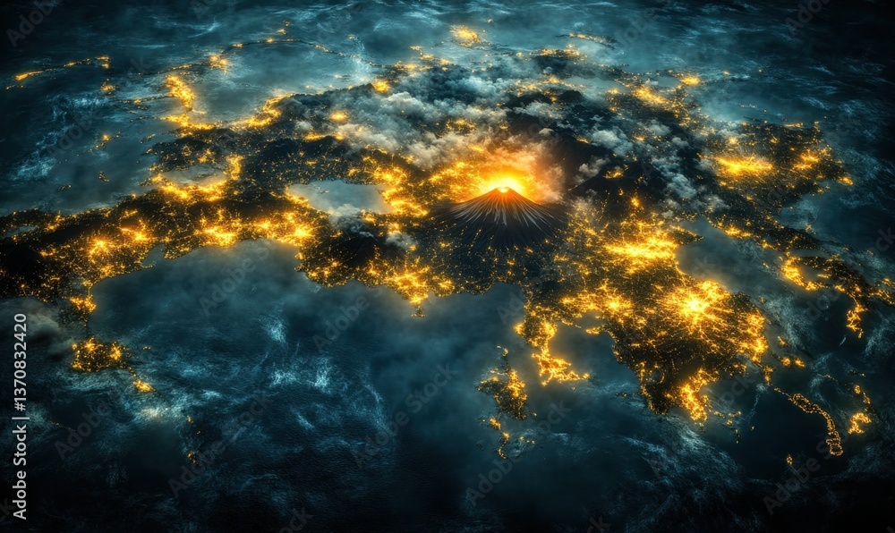 Fototapeta premium Aerial view of illuminated island volcano eruption at night