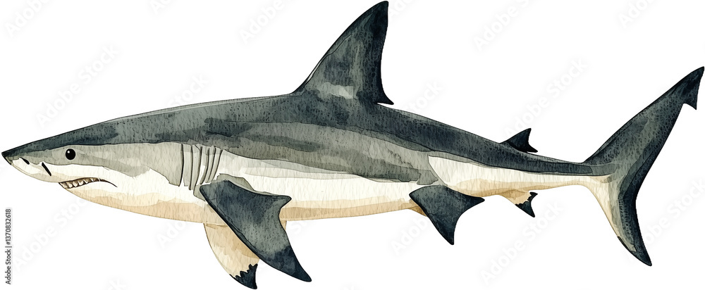 Fototapeta premium Watercolor Illustration of a Great White Shark Swimming