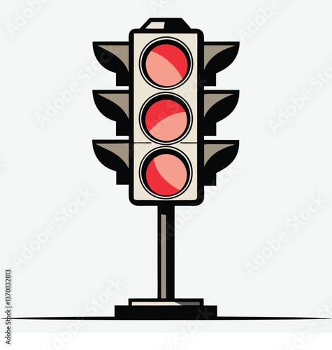 Traffic Light Icon with Red Signal—Vector Illustration of a Classic Stoplight in Black, White, and Red