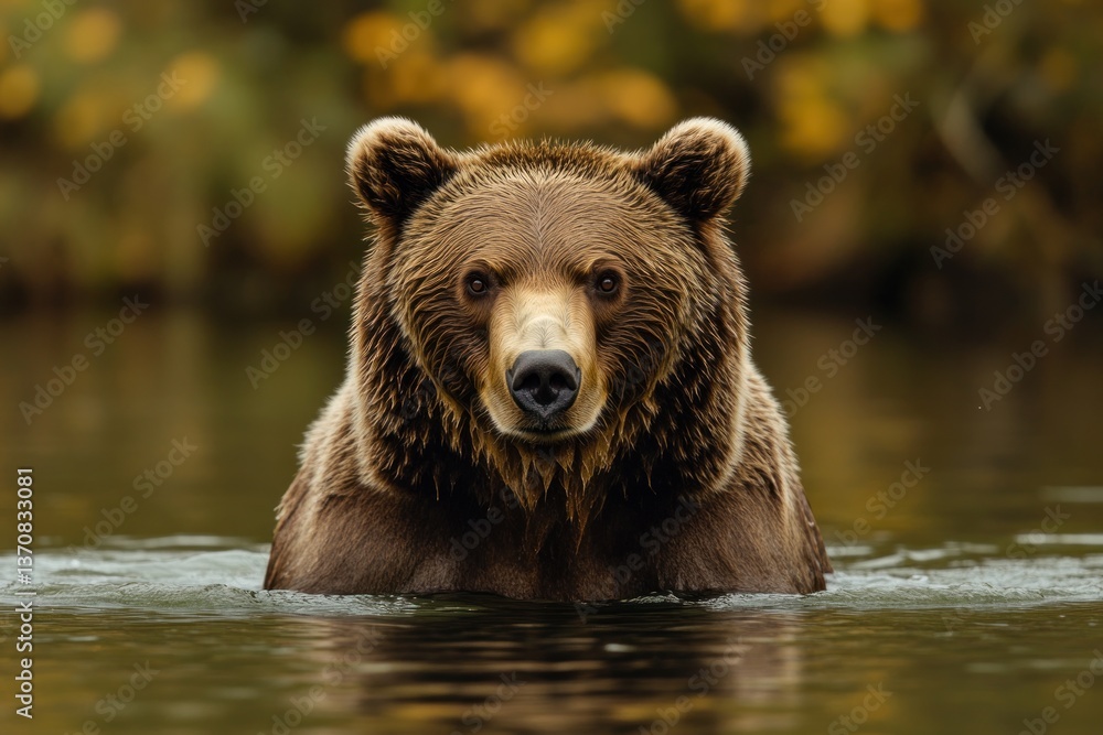 Grizzly bear in river, autumnal forest background Grizzly bear in river, autumnal forest background