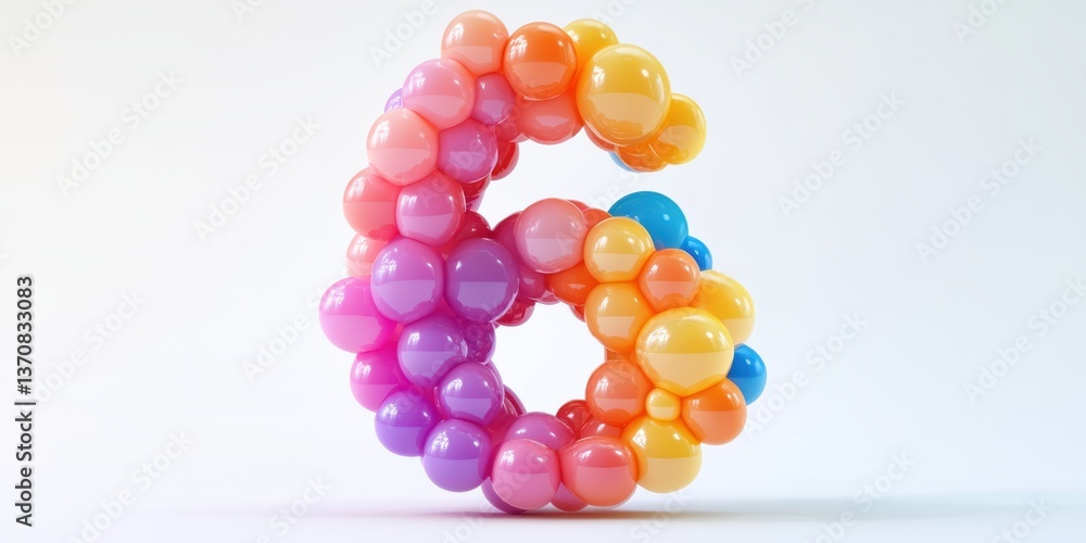Rainbow number 6 made of balloons. Festive volumetric figure on a light background. Birthday greeting card. Anniversary concept. Copy space. Rainbow number 6 made of balloons. Festive volumetric figure on a light background. Birthday greeting card. Anniversary concept. Copy space.