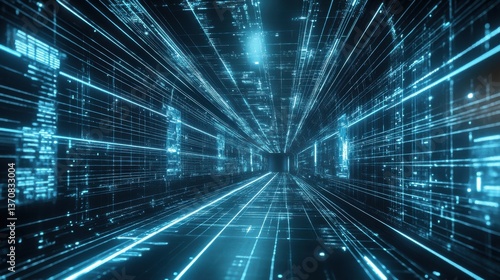 Wallpaper Mural Digital Tunnel with Blue Light Trails and Grid Patterns Torontodigital.ca