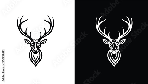 Black and white line art illustration of two stylized deer heads with antlers