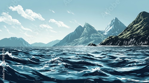 Coastal Vista: A serene coastal panorama unfolds, with a vast, deep blue ocean stretching towards a rugged mountain range under a sky filled with gentle clouds. 