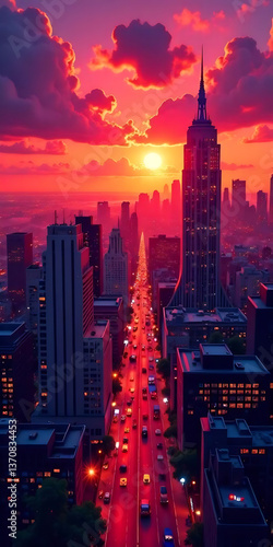 downtown city skyline comic book art style sunset . digital art illustration.