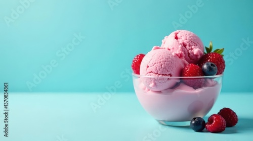 A refreshing bowl of pink ice cream with raspberries and blueberries, a delightful summer treat on a light blue background