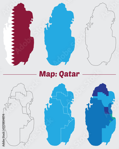 Maps of Qatar, Outline, and Regional Divisions, Qatar country map set. internal provinces borders marked, Simple map of Qatar vector drawing.