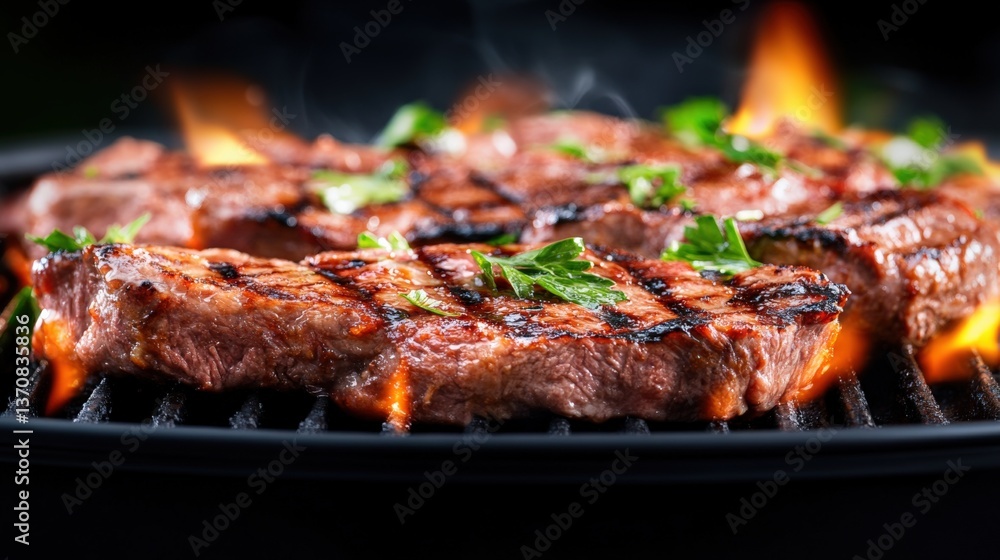 Grilling perfect steak backyard bbq food photography nighttime close-up culinary art Grilling perfect steak backyard bbq food photography nighttime close-up culinary art