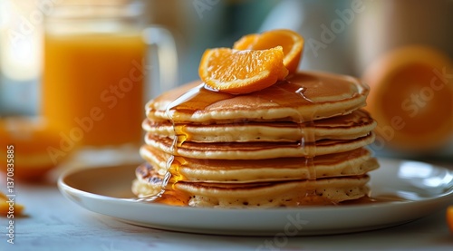 Delicious Stack of Pancakes With Orange Slices and Fresh Juice Served for Bre...