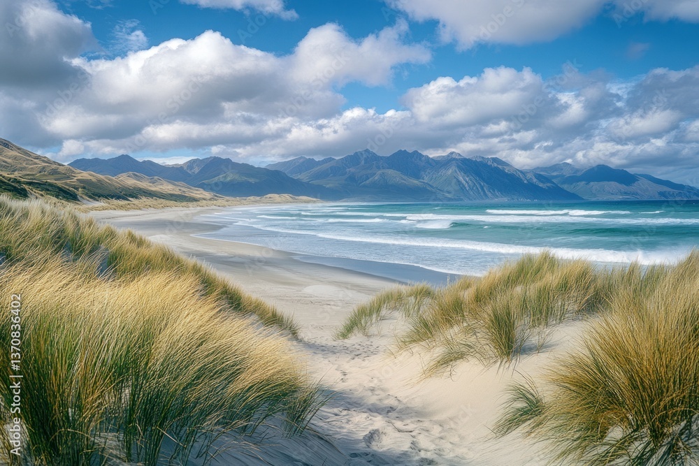 A scenic ocean beach with mountains and grassy sand dunes