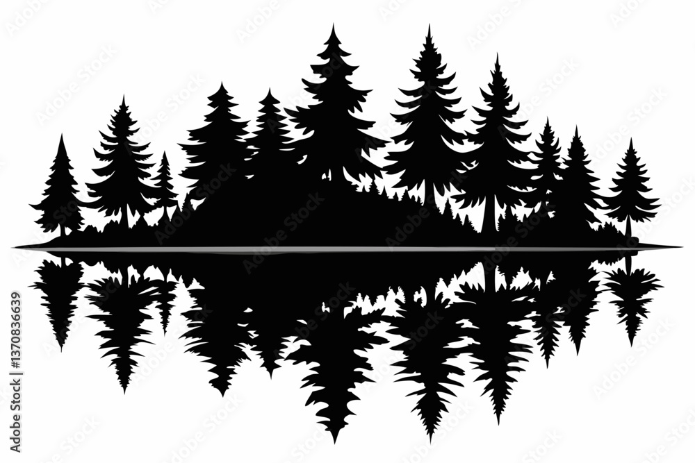 Obraz premium reflection in water pine tree forest silhouette line art vector illustration