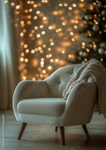 Cozy White Chair Beside Large Window With Soft Curtains in a Warm, Inviting R...