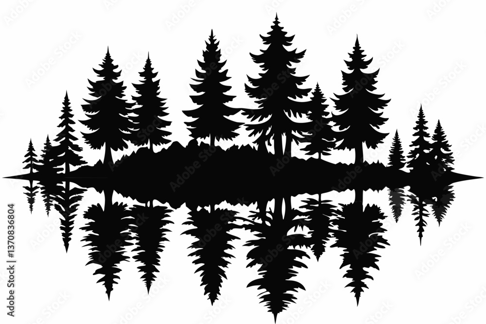 Obraz premium reflection in water pine tree forest silhouette line art vector illustration