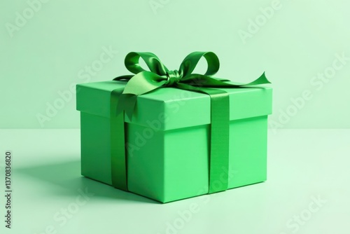 A luxuriously wrapped present, a square box adorned with a vibrant green satin ribbon, sits elegantly on a matching surface, hinting at a special occasion or thoughtful gift.