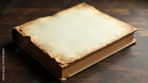Aged Book with Blank Pages on Dark Wooden Surface A Timeless Image for Design Projects