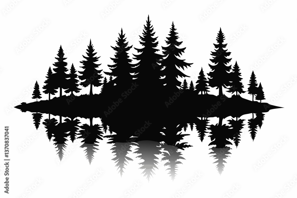 Fototapeta premium reflection in water pine tree forest silhouette line art vector illustration