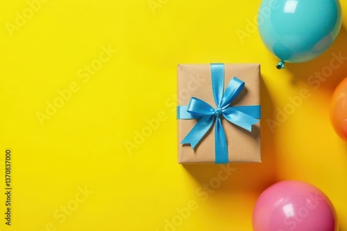 A Wrapped Gift with a Blue Ribbon and Colorful Balloons on a Yellow Background
