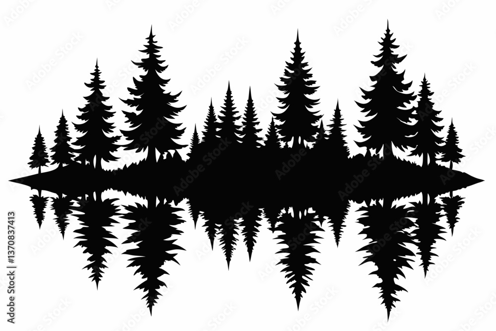 Fototapeta premium reflection in water pine tree forest silhouette line art vector illustration