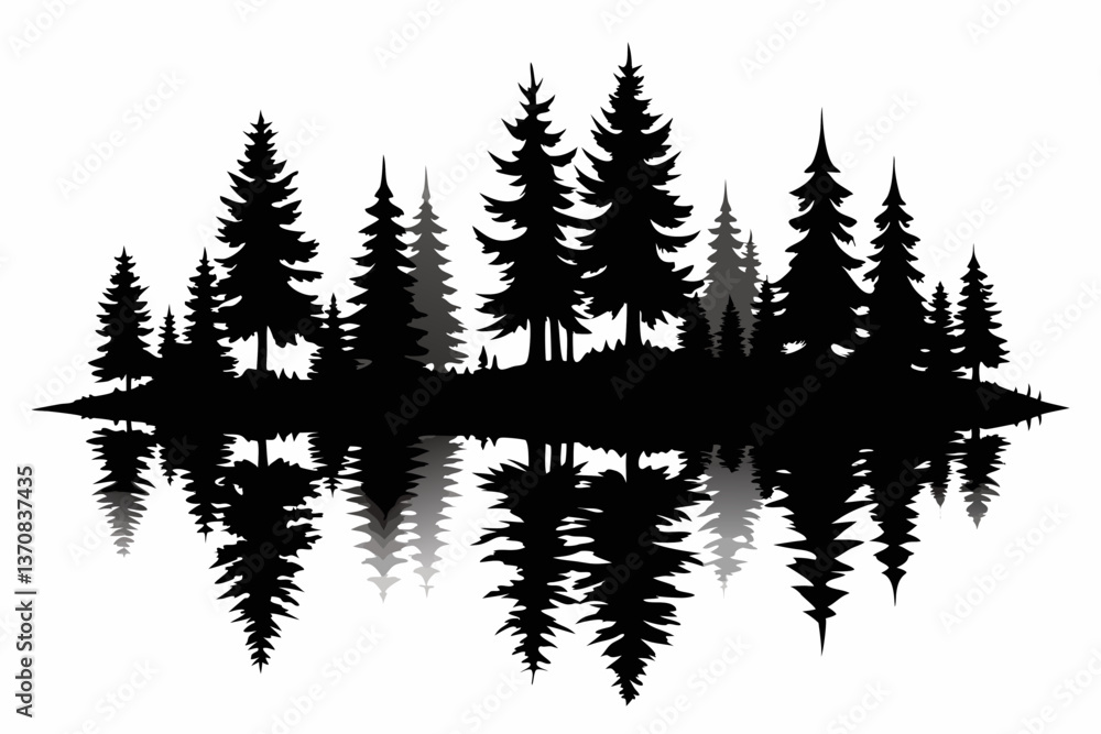 Fototapeta premium reflection in water pine tree forest silhouette line art vector illustration