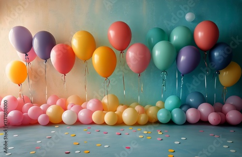 Colorful Balloons Display Against a Blue Backdrop Creating a Festive Atmosphe...
