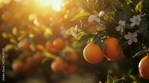 Vibrant Orange Grove at Sunset With Blooming Flowers and Ripe Fruit Highlight...