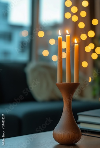 Warm Glow From Three Candles in Modern Living Room With Fairy Lights in Backg...