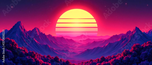 80s style striped sun setting over a synthwave landscape, sunset, sunrise, 80s, retro, vintage, arcade game, synthwave, neon
