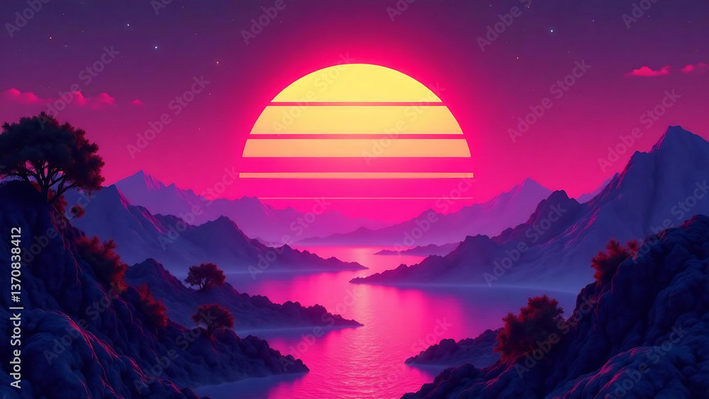 Obraz premium 80s style striped sun setting over a synthwave landscape, sunset, sunrise, 80s, retro, vintage, arcade game, synthwave, neon
