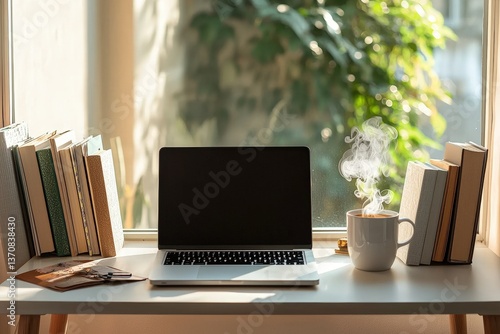 Wallpaper Mural Cozy home office with laptop, books, and coffee in sunlit workspace Torontodigital.ca