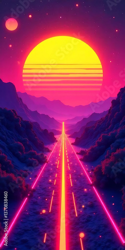 80s style striped sun setting over a synthwave landscape, sunset, sunrise, 80s, retro, vintage, arcade game, synthwave, neon