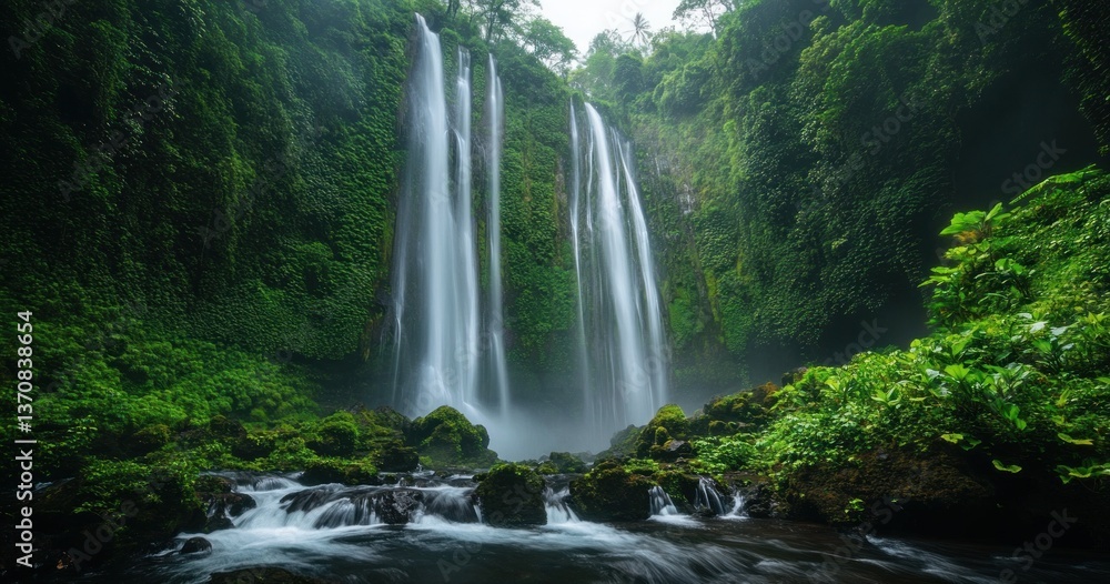 Fototapeta premium Cascading Water Flows Down a Lush Green Forest Landscape