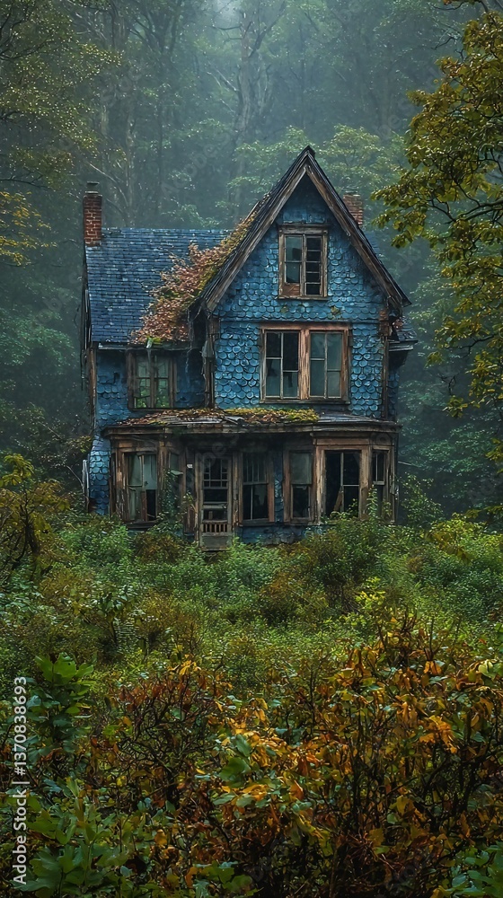 Overgrown Abandoned House in a Misty Forest A Picturesque View of Nature Reclaiming an Old Building Ideal for Fairytale or Mystery Themes Overgrown Abandoned House in a Misty Forest A Picturesque View of Nature Reclaiming an Old Building Ideal for Fairytale or Mystery Themes