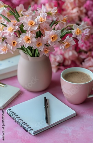 Cozy Workspace With Flowers, Notebook, and Coffee During Morning Hours