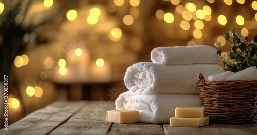 Relaxing Spa Setup With Towels, Soap and Cozy Warm Lights in a Tranquil Setting