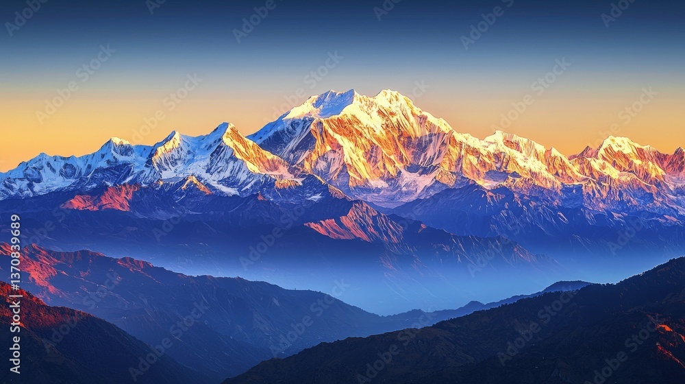 Obraz premium A majestic snow-capped mountain range bathed in the first golden light of sunrise